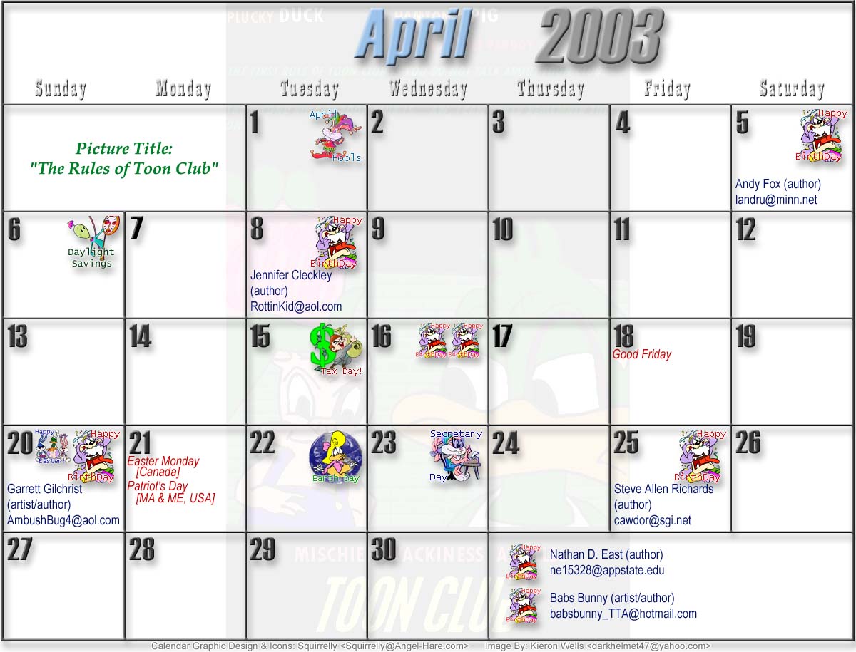 Tiny Toons 2003 Printable Calendar